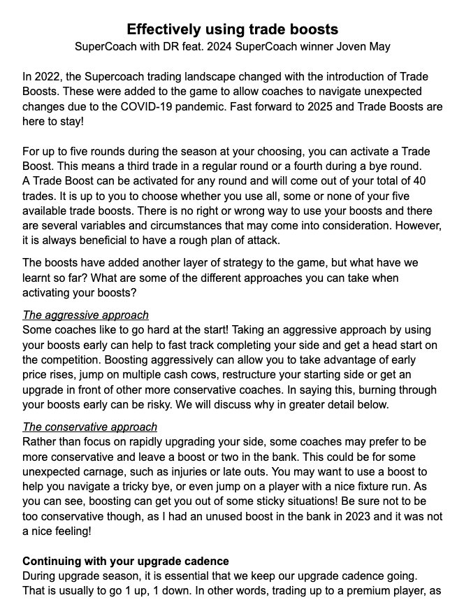 Swordplay SuperCoach Season Guide 2025