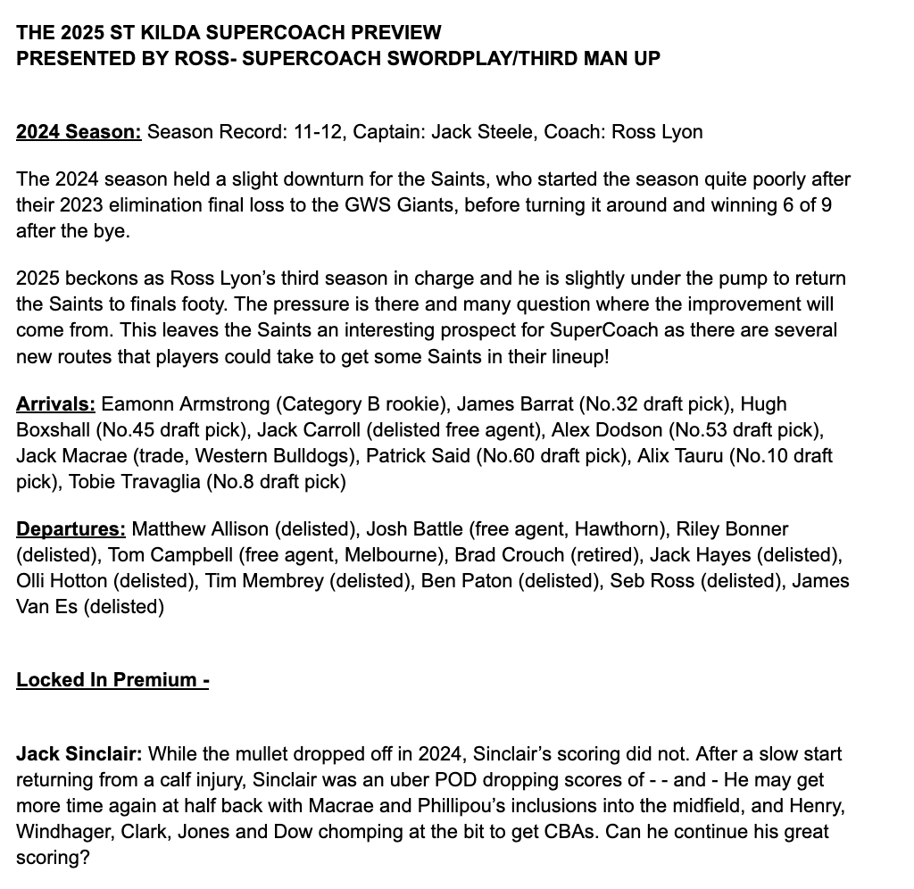 Swordplay SuperCoach Season Guide 2025