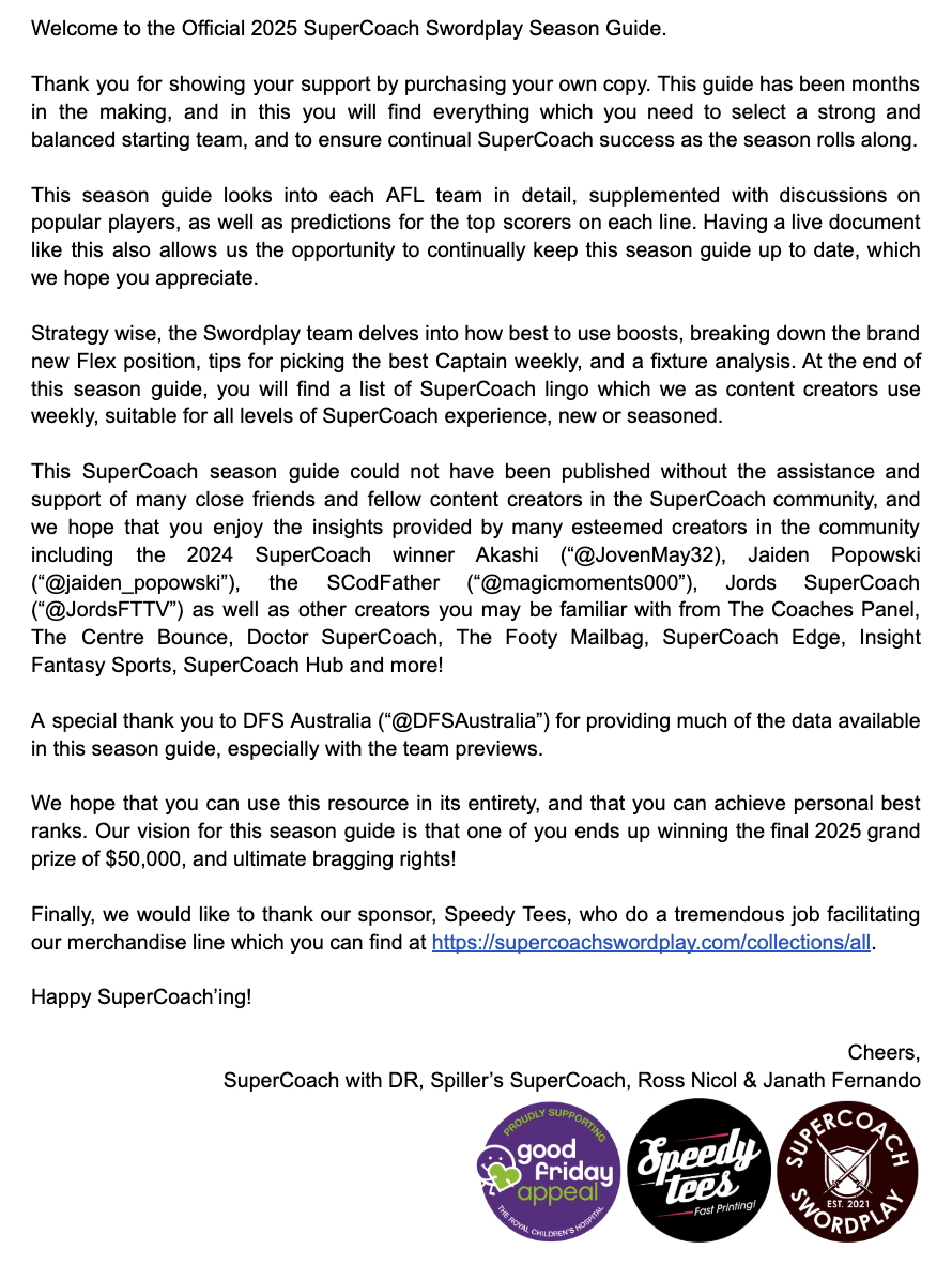 Swordplay SuperCoach Season Guide 2025