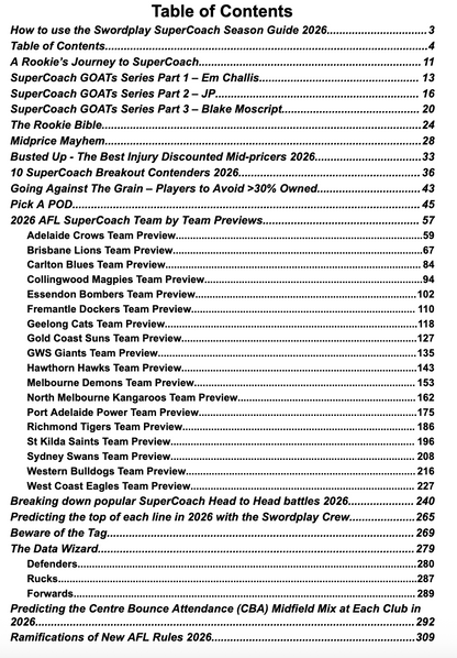 Swordplay SuperCoach/GDS Season Guide 2026